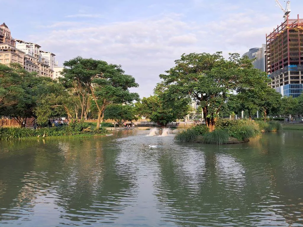 水圳森林公園湖面與中央綠島，遠方可見竹北高樓